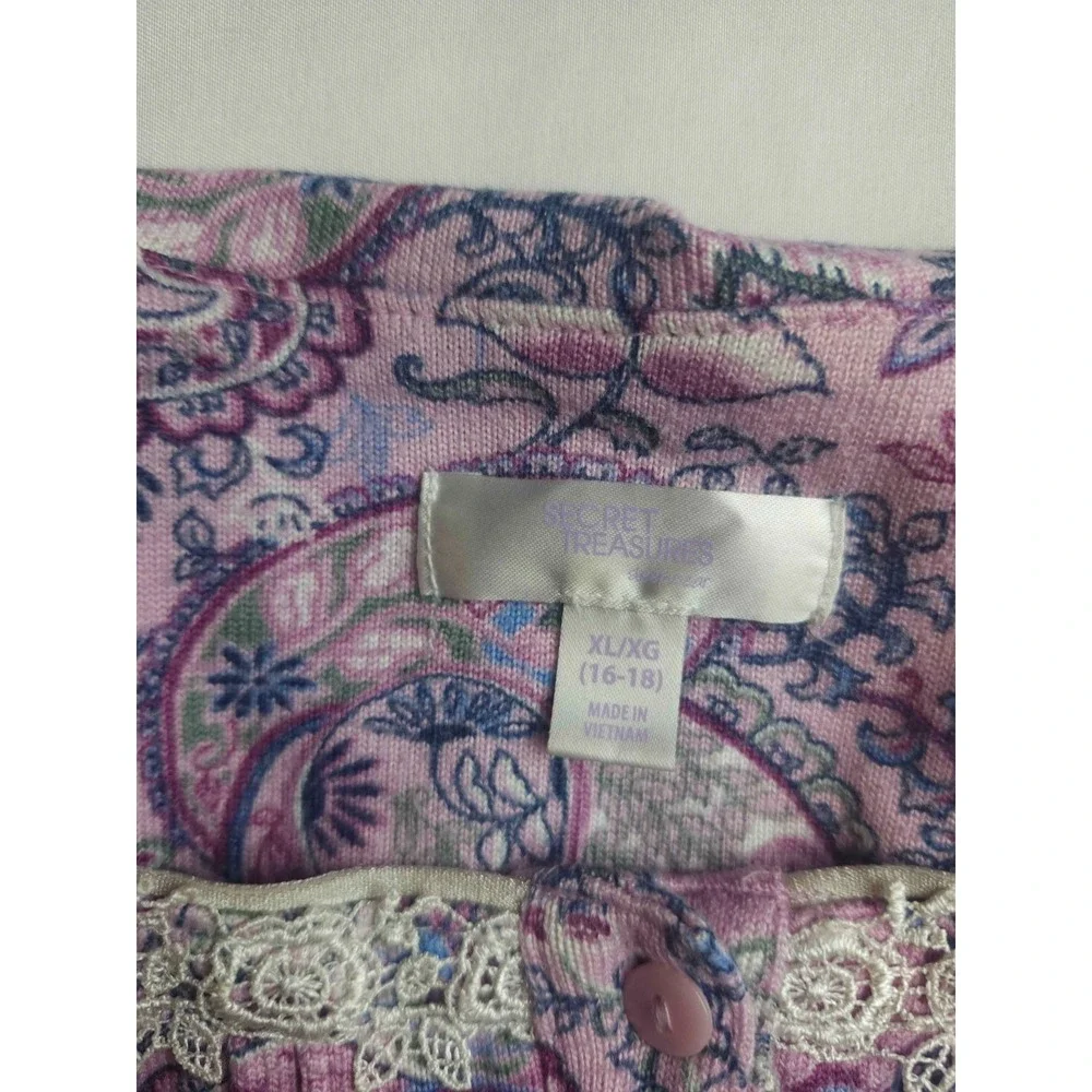 Secret Treasures Nightgown Womens Size XL Pink Paisley Long Sleeve Lace Trim